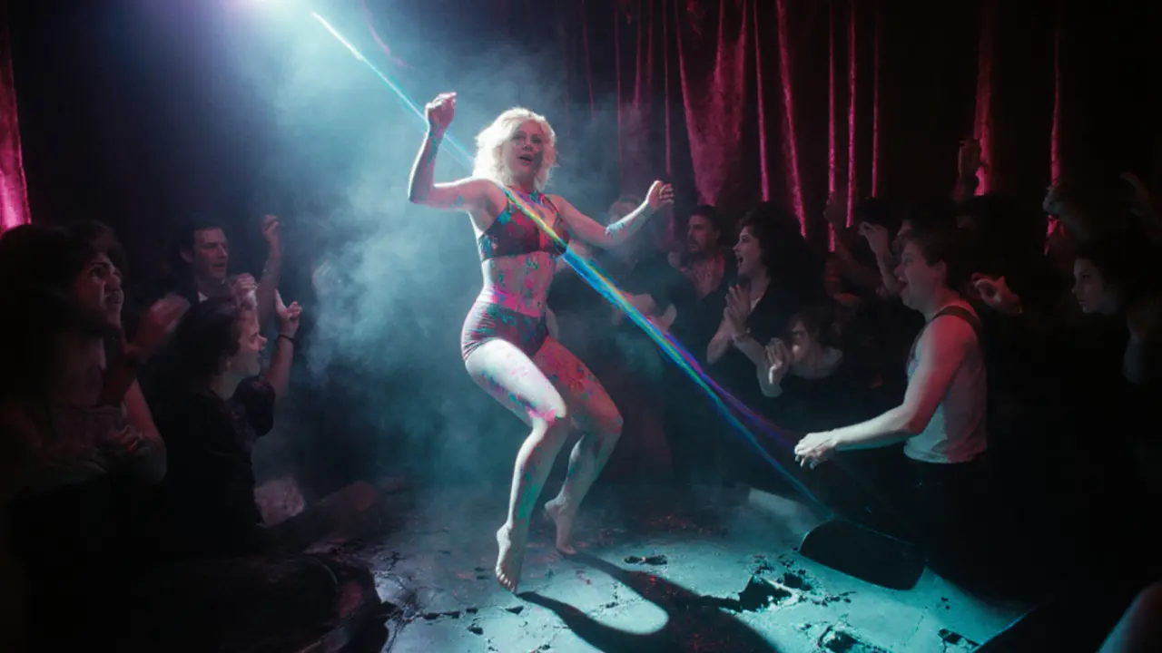 1980s nightclub with strobe lights, smoke, and dancers under velvet curtains, neon faces glowing.