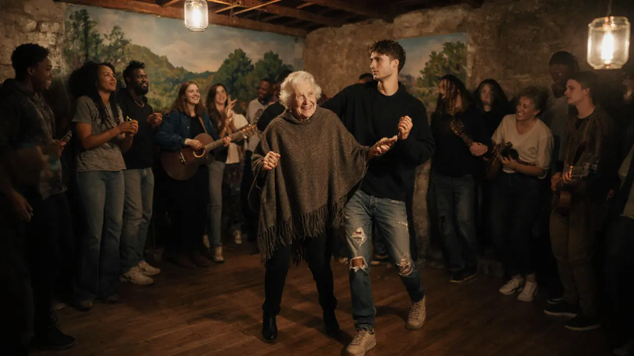 A grandmother and young student dancing together in a warm, intimate space with no phones, surrounded by earthy tones and natural light.