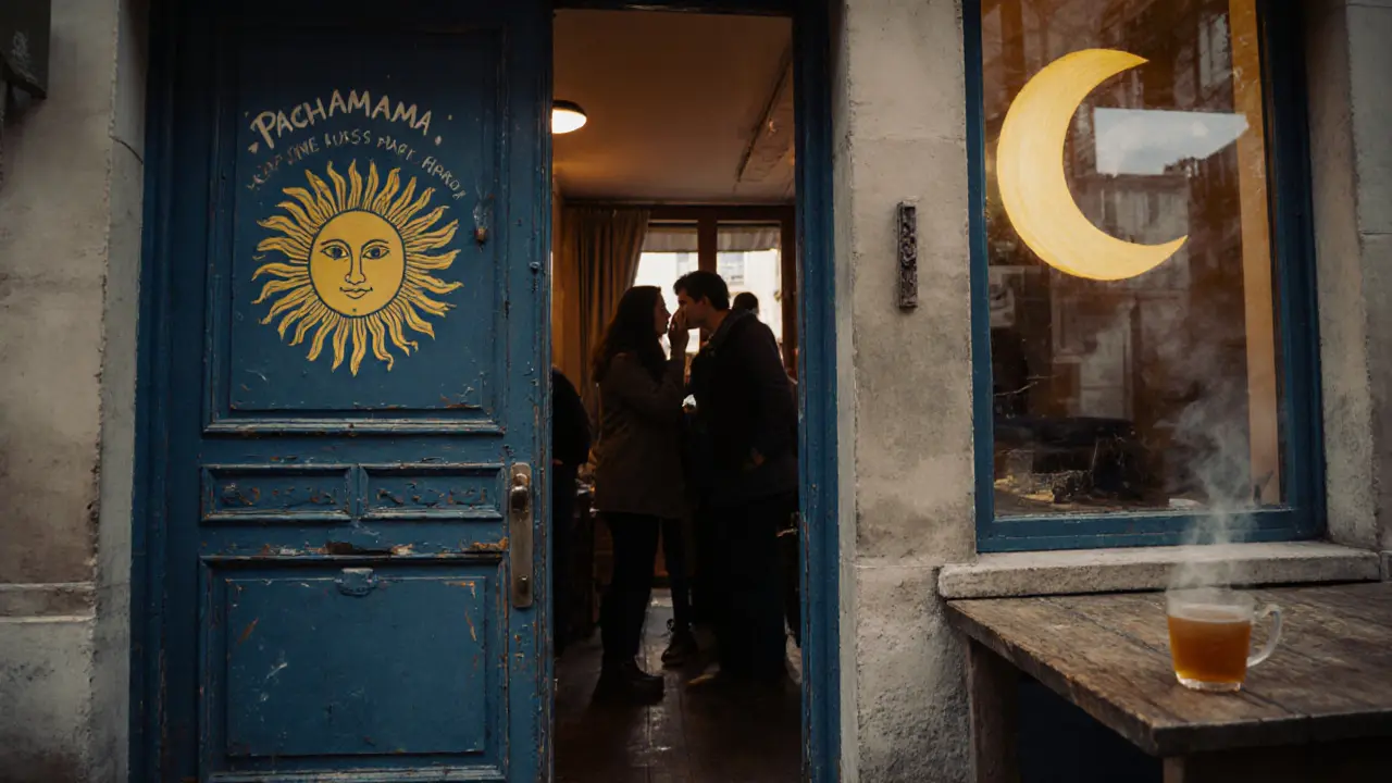 A quiet, unmarked blue door with painted sun and moon, glowing faintly from within, on a Paris street at dusk.