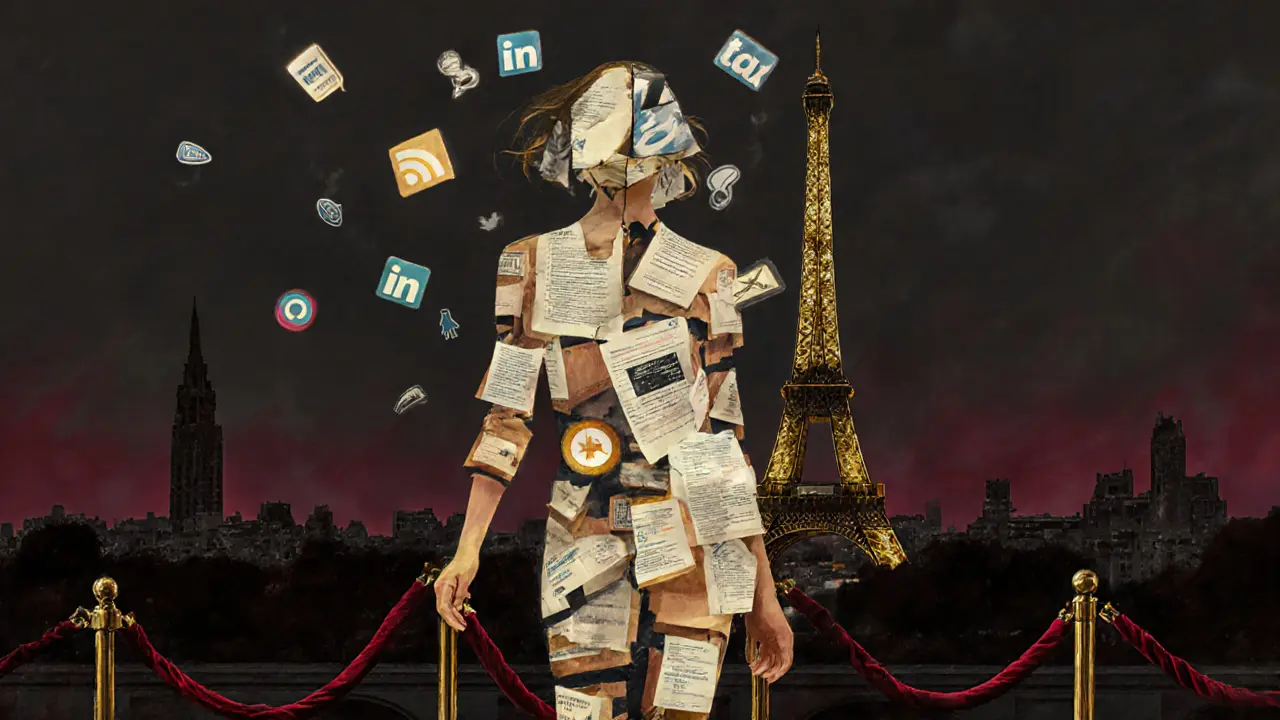 A symbolic figure made of digital icons and contracts floating above Paris, representing the intersection of beauty, work, and identity.