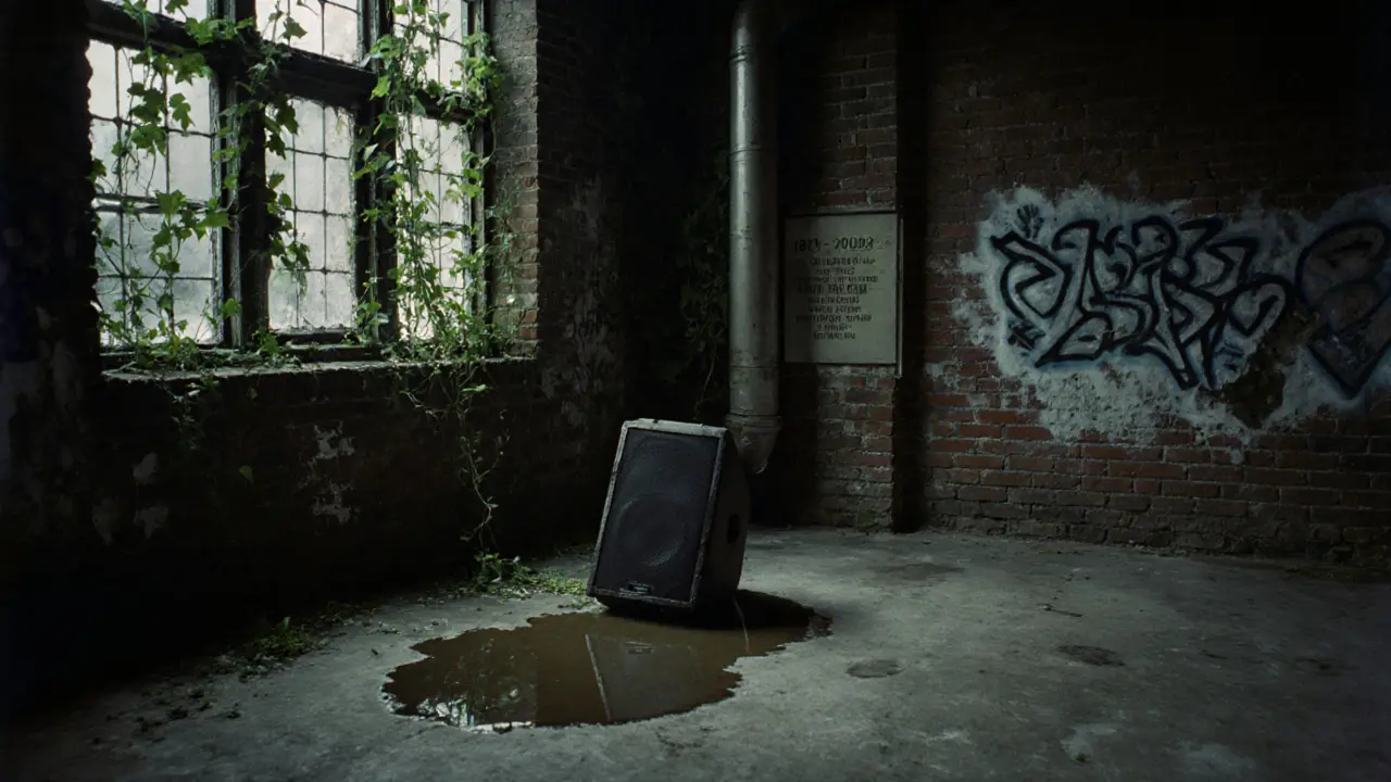 Abandoned club with vines through broken windows, graffiti on walls, and a single broken speaker in a puddle.
