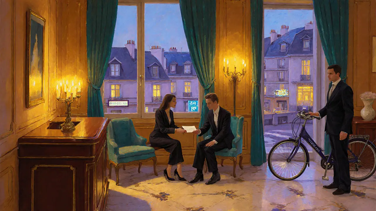 Boutique hotel lobby in the 11th showing discreet meeting and city view at dusk.