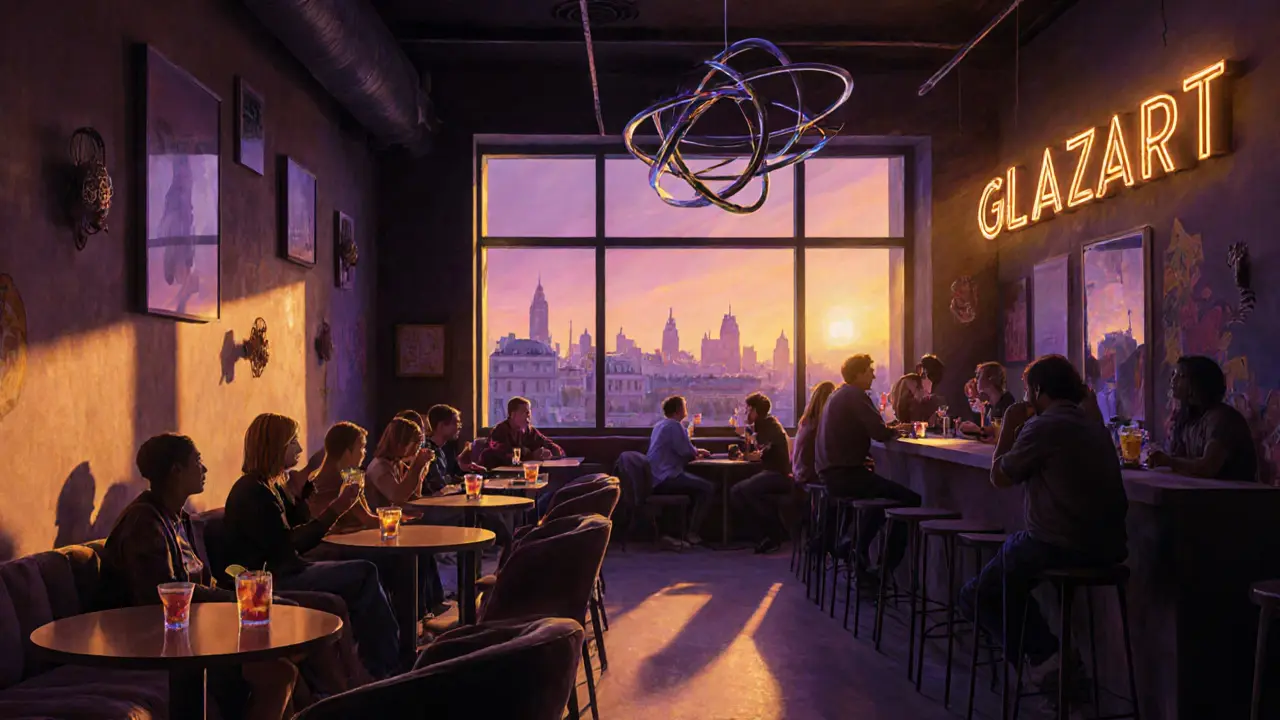 Cozy after‑hours lounge at Glazart with ambient lighting and sunrise visible through windows.