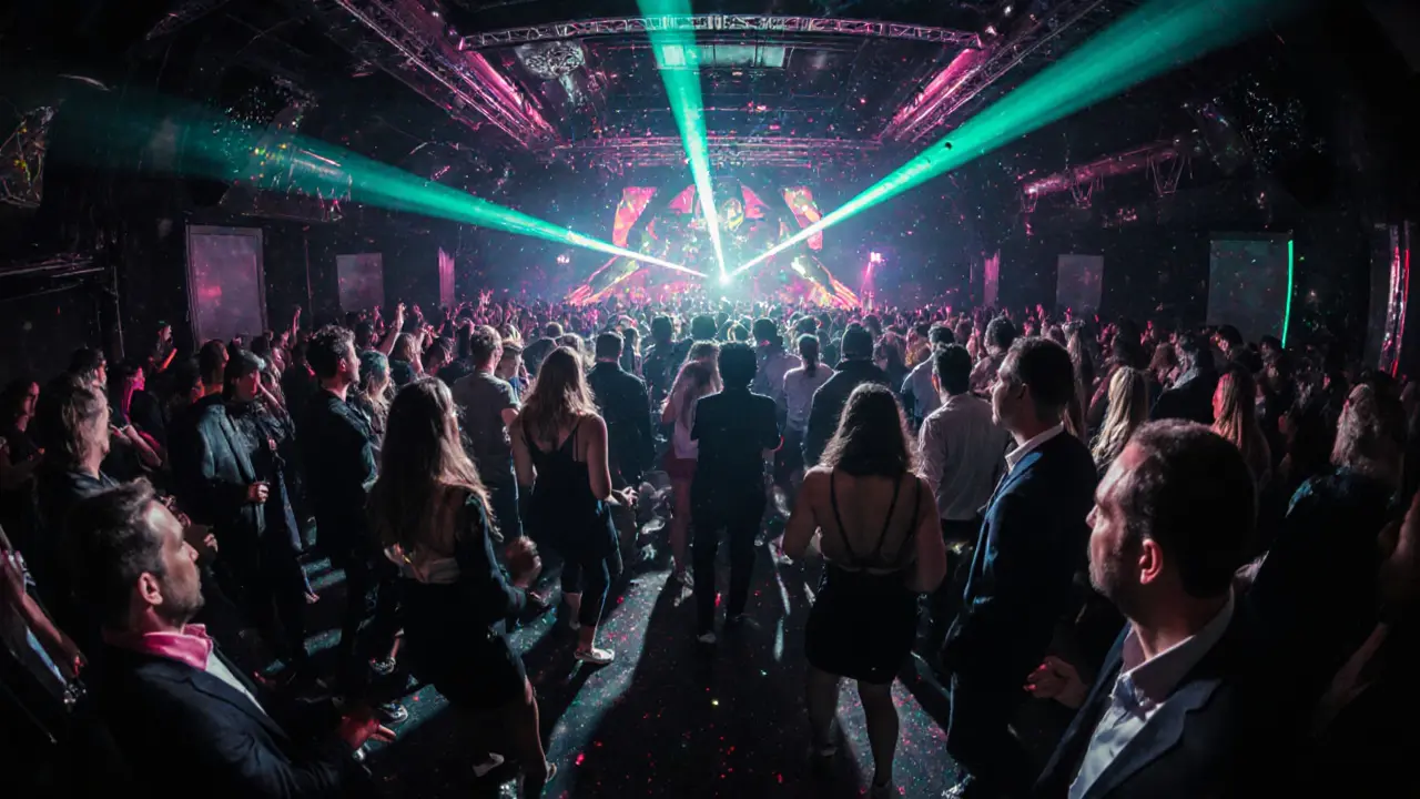 Crowded techno dance floor at Rex Club with DJ, lasers and smart‑casual patrons.
