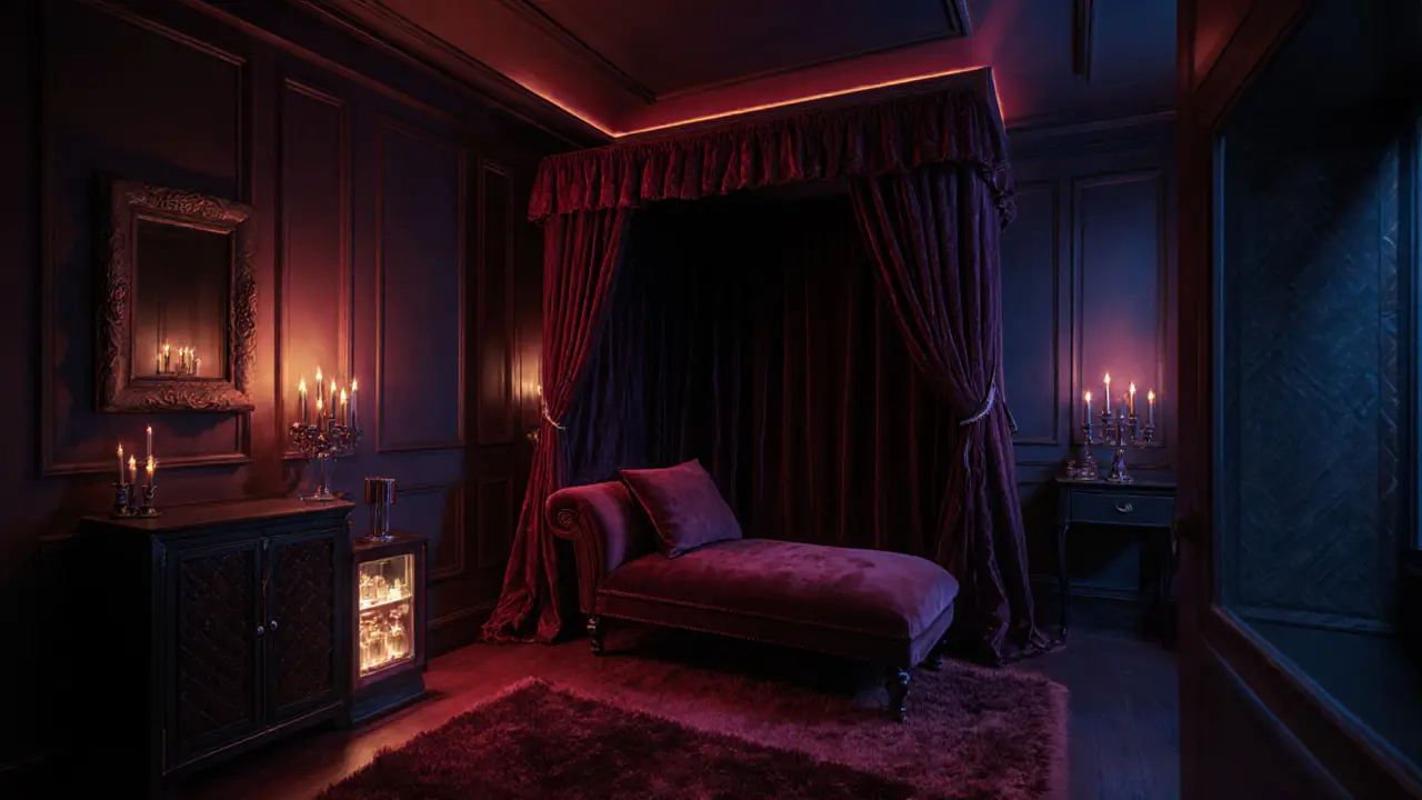 Dimly lit private suite with velvet furniture, candles, and subtle BDSM décor.