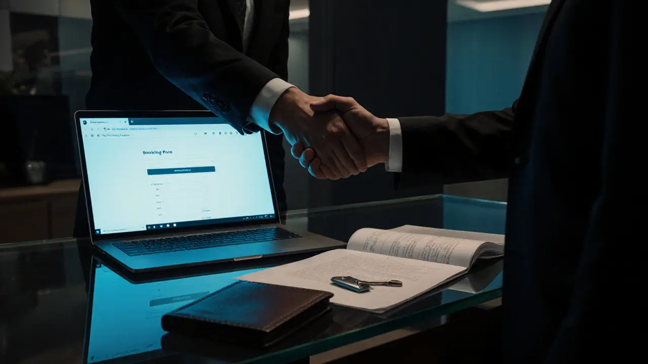 Discreet office scene showing encrypted booking portal and handshake between client and agent.