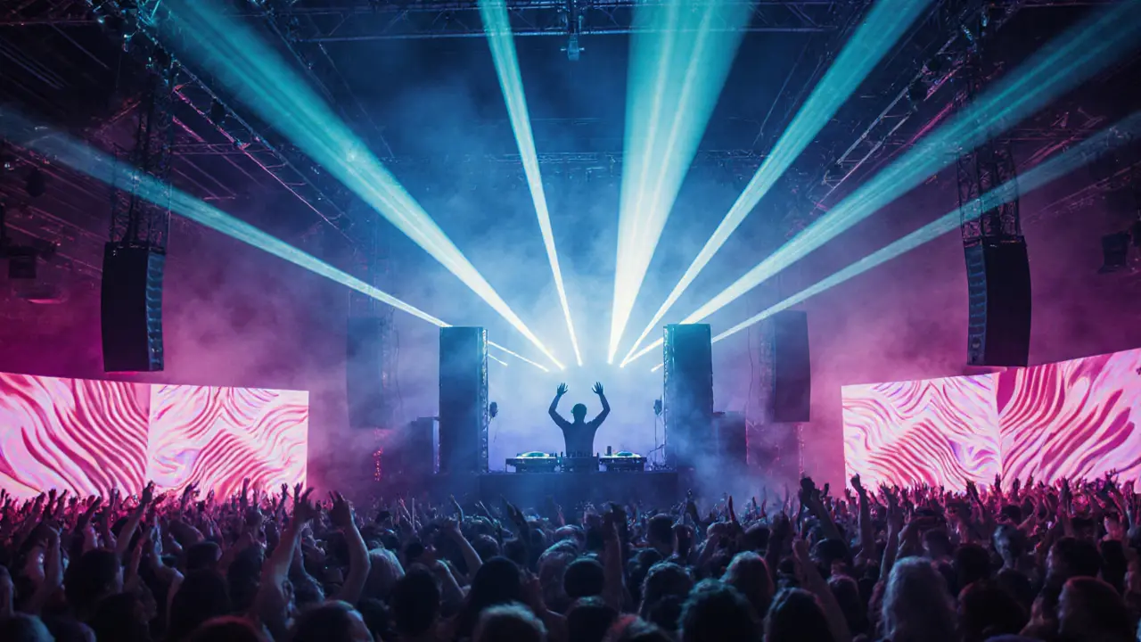 DJ booth with massive sound system and dancing crowd under laser lights inside Glazart.