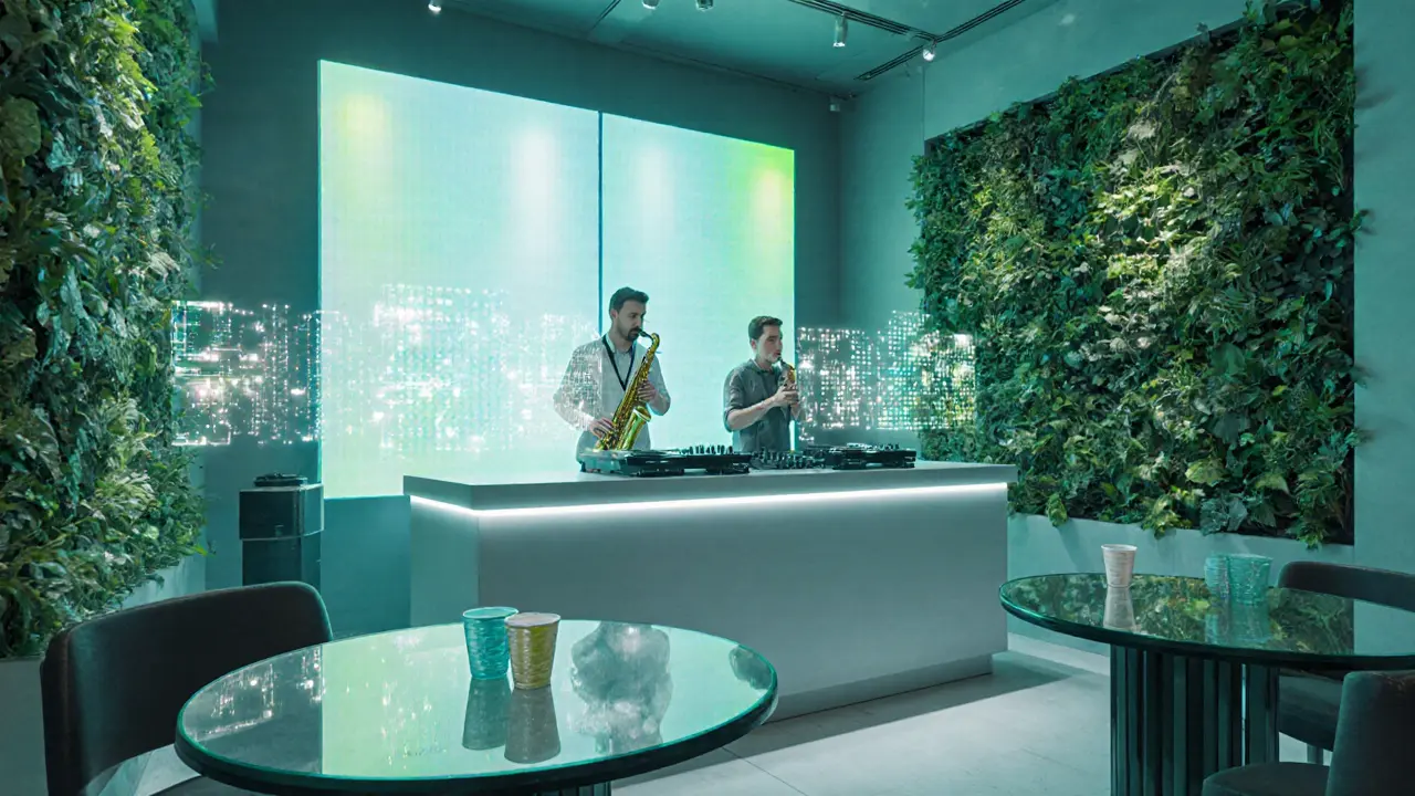 DJ performing with saxophonist under eco‑friendly LED lights.