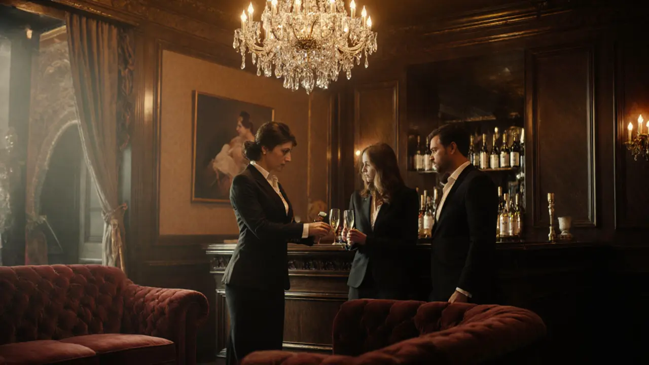 Elegant club reception lounge with hostess checking ID and a couple discussing over drinks.