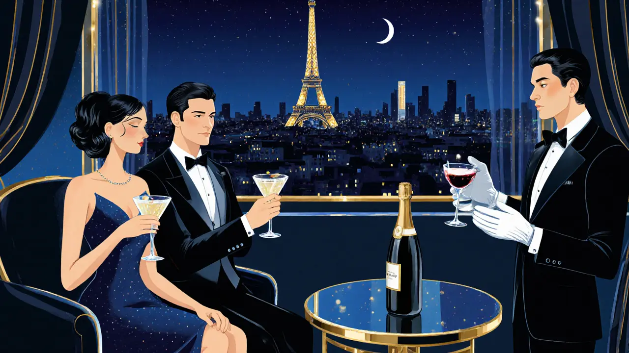 Elegant couple receiving secret cocktail in exclusive after‑hours lounge.
