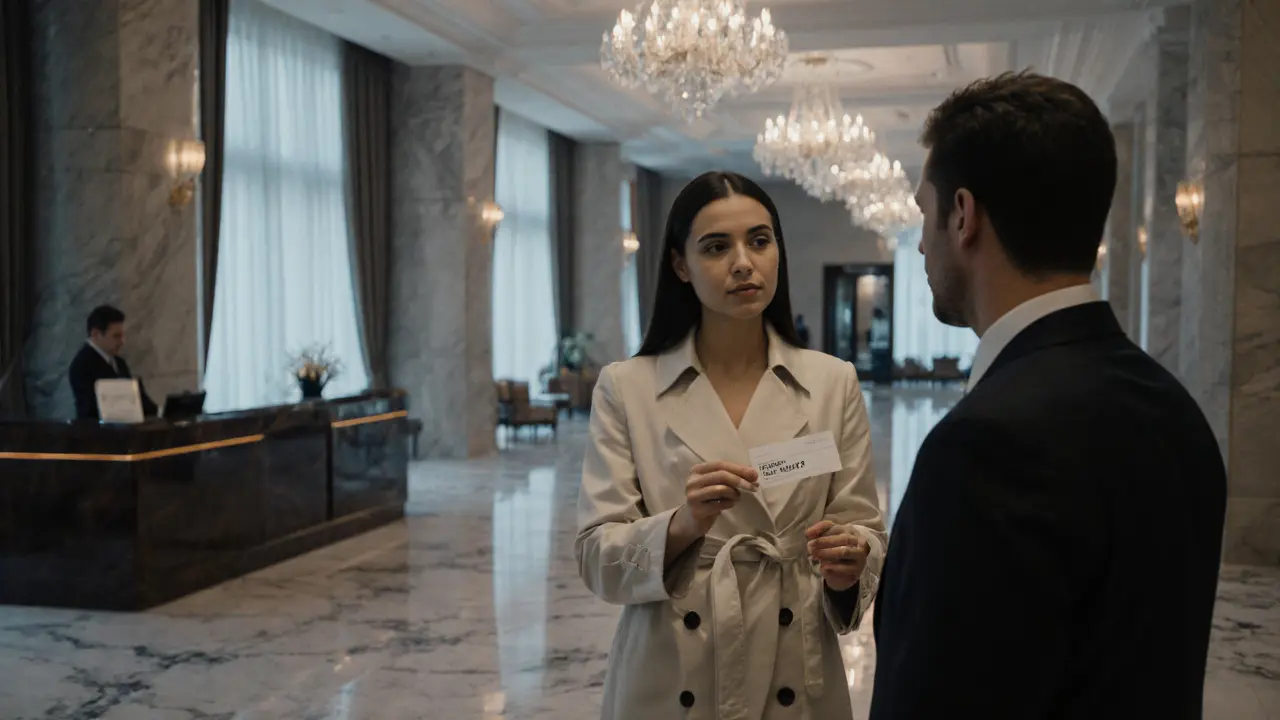 Escort and client exchanging a verification code in a fancy hotel lobby.