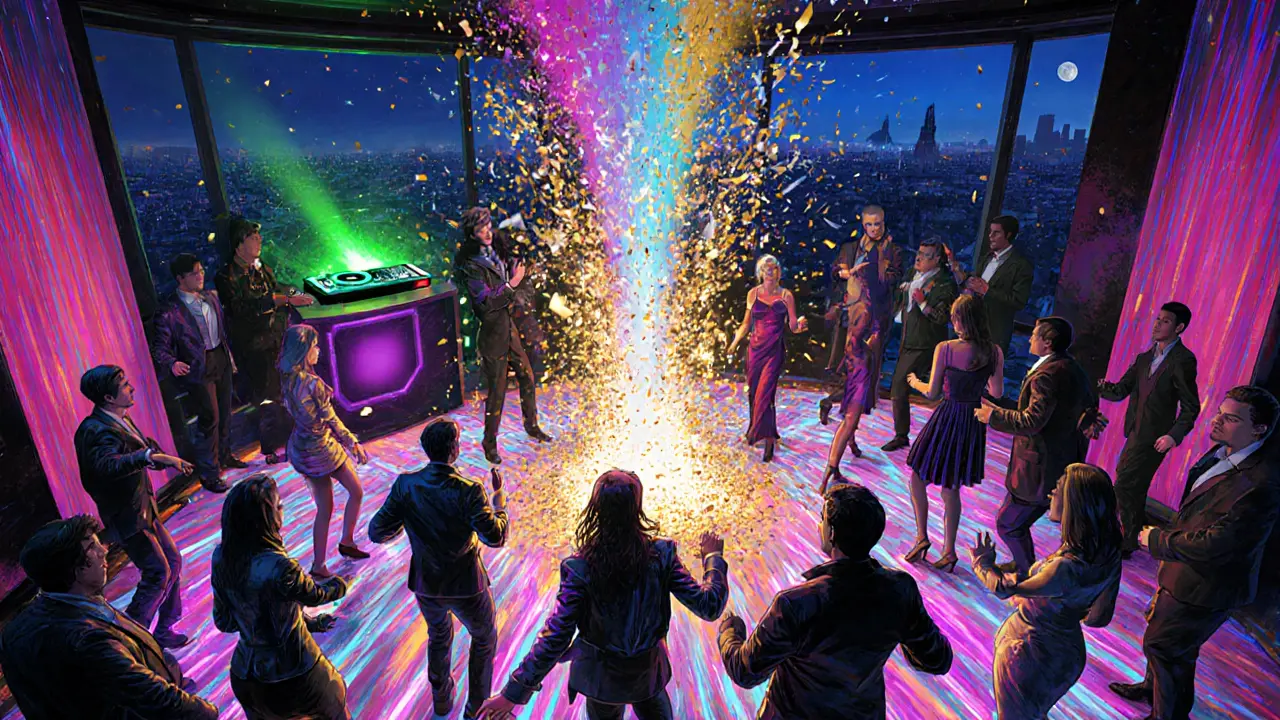 Friday night crowd dancing at Raspoutine, LED lights, confetti cannons, and DJ booth with neon accents.