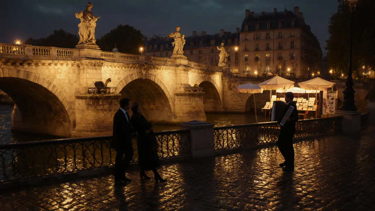 Golden-lit bridges along the Seine at midnight, mirrored in the water, with bookstalls and a distant street musician casting soft shadows.