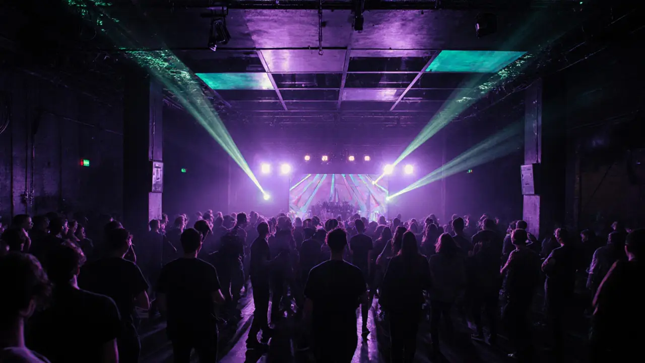 Inside Rex Club with DJ booth, black‑clad crowd, laser lights, and industrial walls.