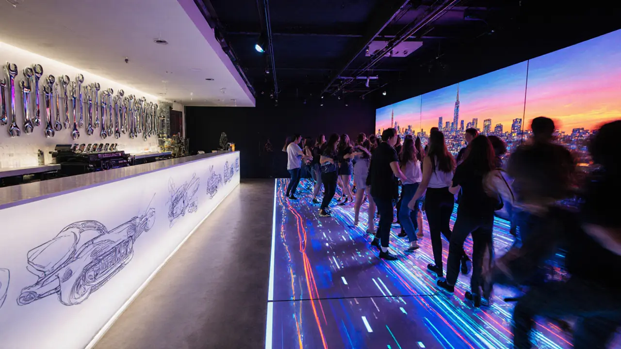 Interior view showing a white bar with vintage car memorabilia beside a LED highway‑style dance floor.