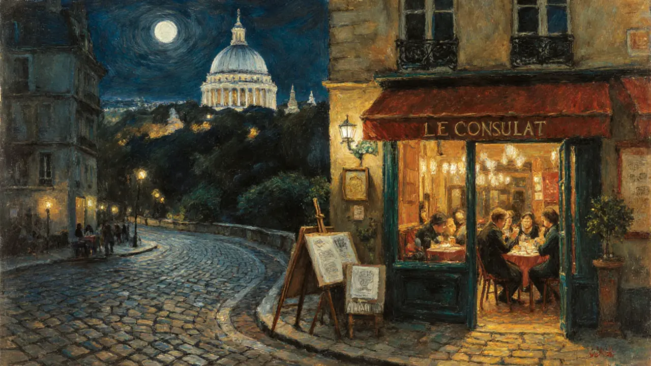 Montmartre night scene with cobblestones, Sacré‑Coeur lit, and a candlelit café interior.