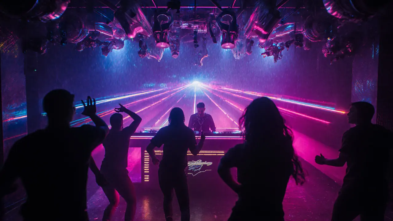 Neon‑themed crowd dancing under glowing LED panels with a DJ booth and futuristic art installation.