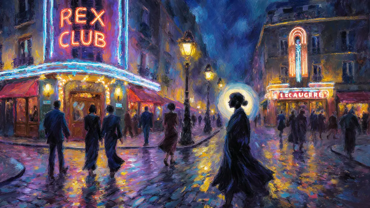Nighttime impressionist view of 14th arrondissement spots with silhouetted couples strolling.