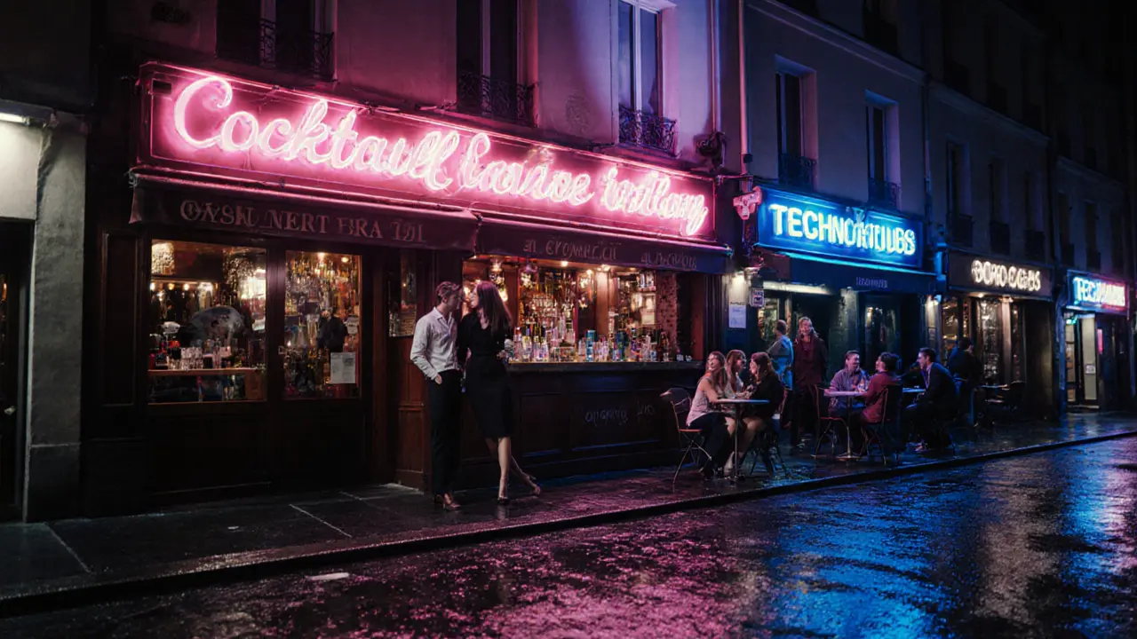 Nighttime Rue Oberkampf scene with neon lights, cocktail bar, and stylish couple.