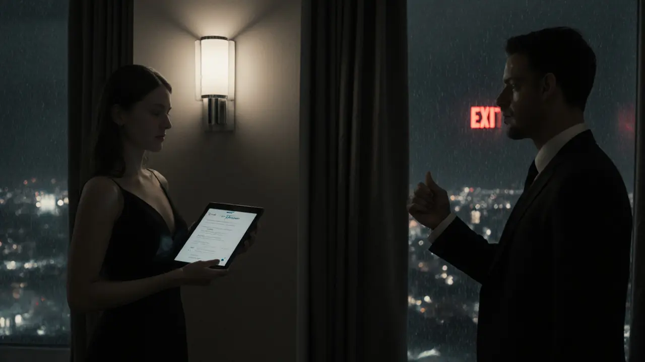 Noir‑styled hotel lobby showing an escort holding a tablet for payment under a single light.