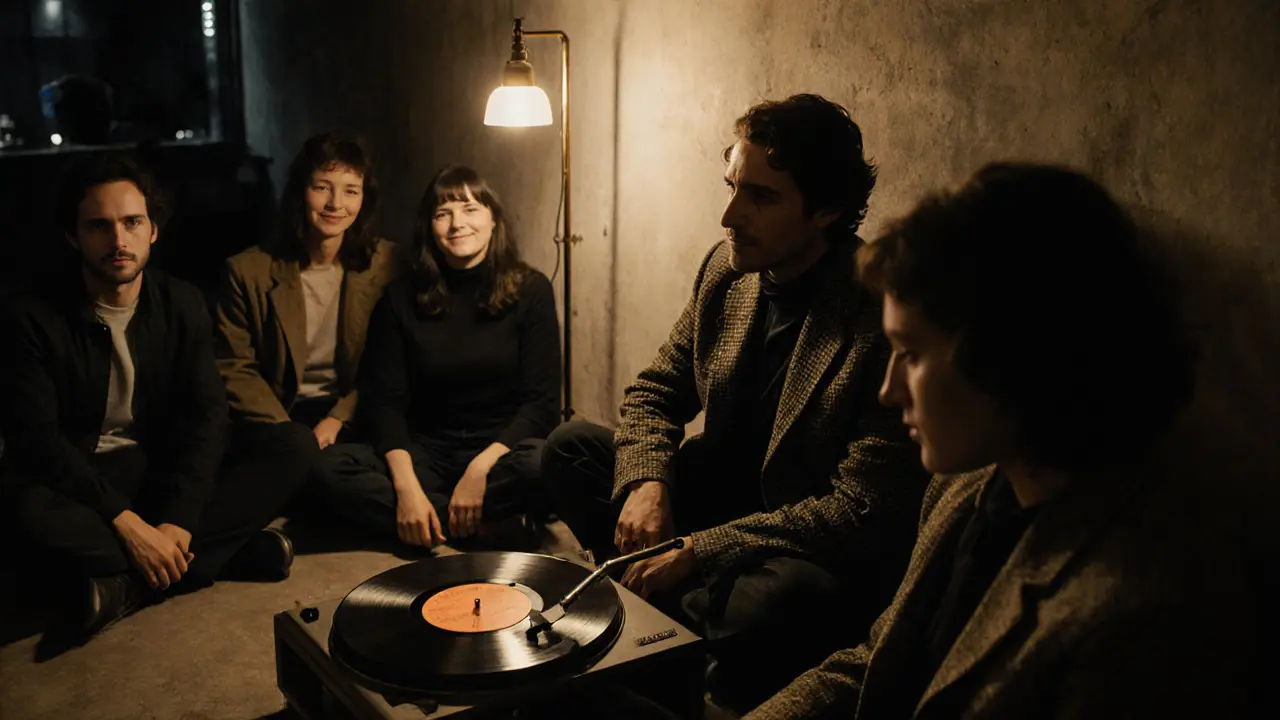 People sitting on the floor listening to a vintage record in a dimly lit upper room.