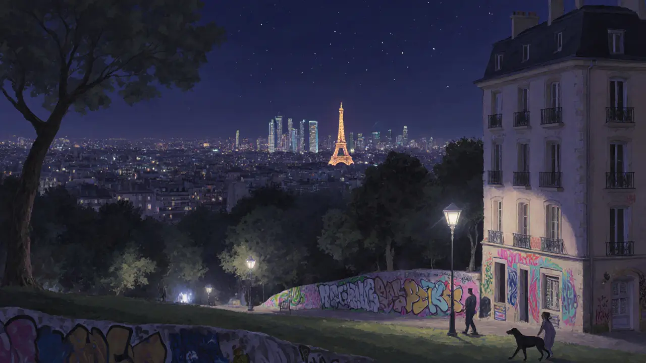 Quiet hilltop view of Paris at night from Butte-aux-Cailles, showing the Eiffel Tower and La Défense lights amid pastel buildings and trees.