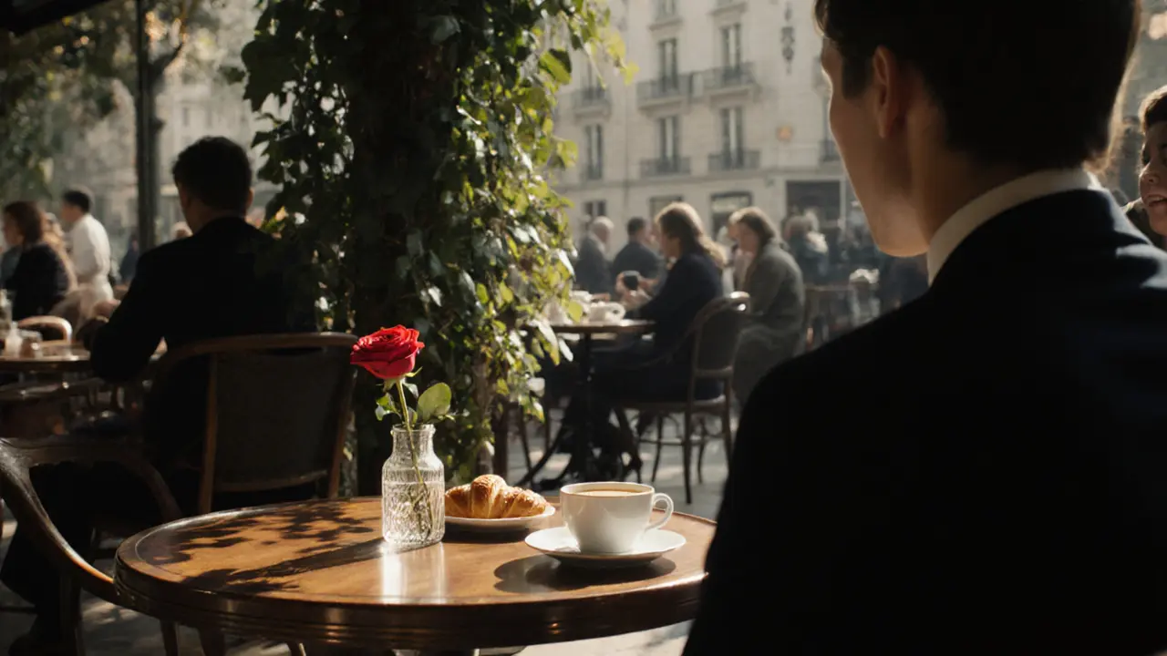 Quiet Paris café interior with a table for two, coffee, croissant, and a discreetly seated figure.