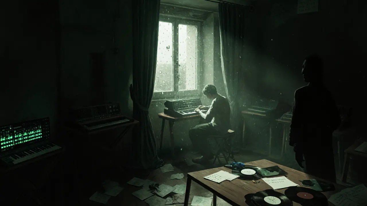 Quiet room with ambient music equipment and rain sounds, glowing synths, and no people visible.