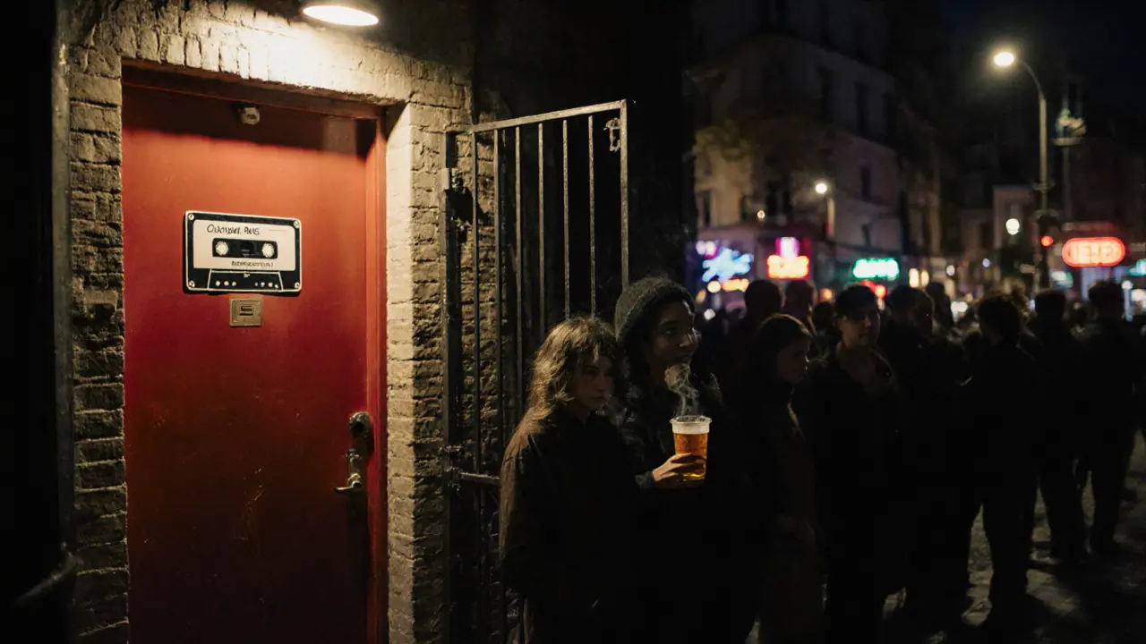Red door with cassette tape sticker at Garage Paris, people smoking outside at night.