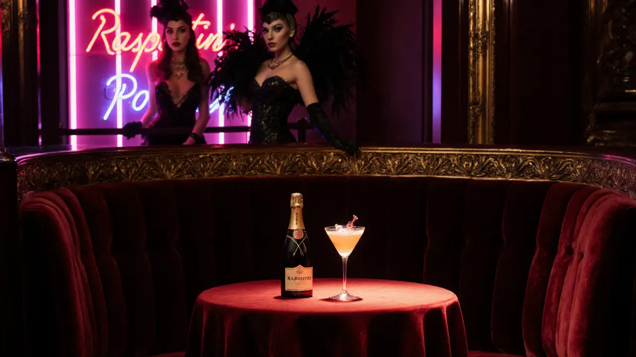 Red Velvet Lounge with crimson fabrics, champagne bottle, burlesque performer, and neon wall backdrop.