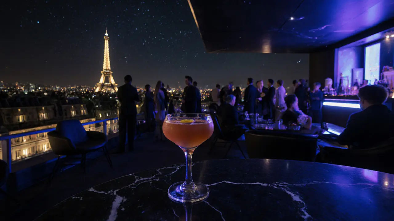 Rooftop bar at midnight showing Paris lights, Eiffel Tower sparkle, and sleek cocktail glass.