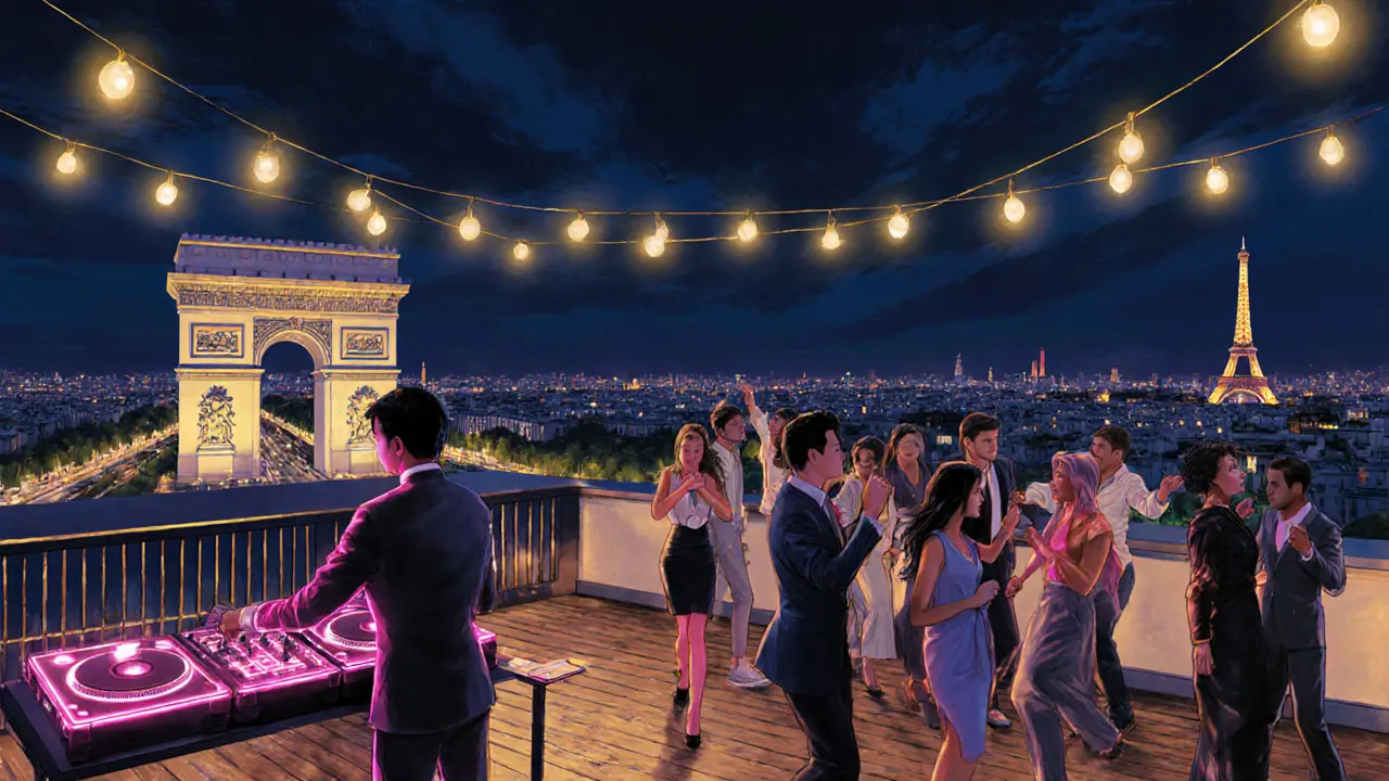 Rooftop club scene on Champs‑Élysées with skyline, DJ and dancers.