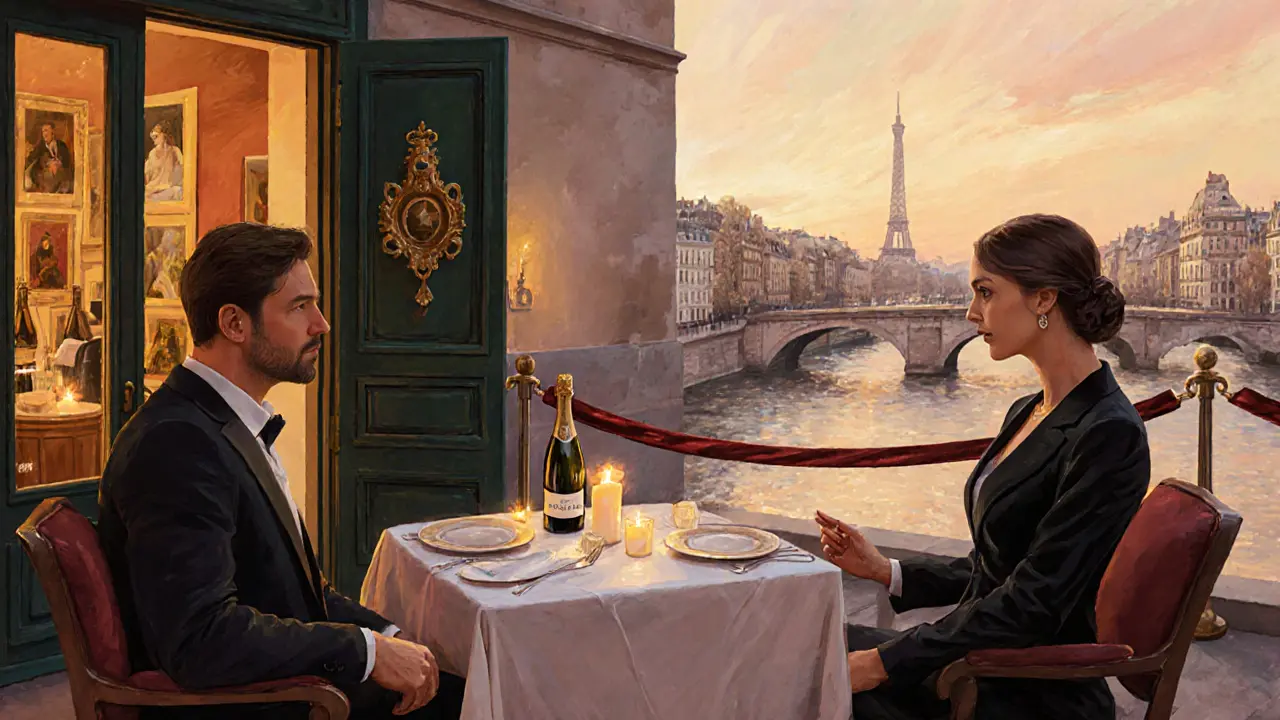 Rooftop dinner with champagne and a companion, overlooking the Seine and an exclusive gallery.
