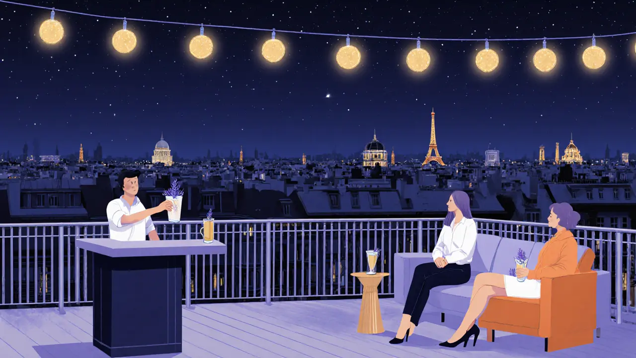 Rooftop terrace after club hours with friends, string lights and city skyline.