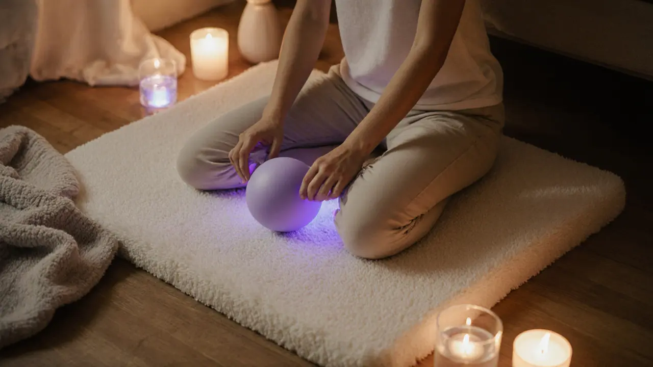 Someone using a massage ball on a foam mat at home, surrounded by candles and a diffuser.