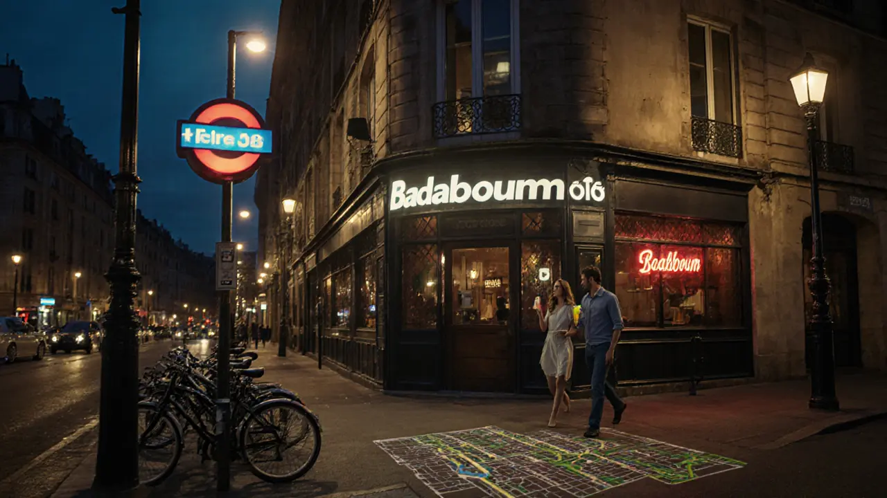 Street view of Badaboum entrance with bike dock, Metro sign and couple holding drinks.