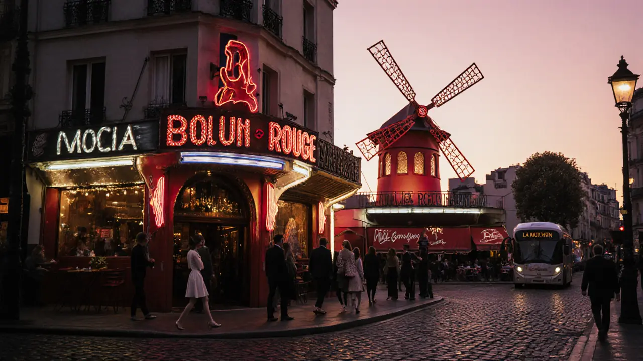 Sunrise over Montmartre showing La Machine du Moulin Rouge, early revelers, and a night bus.