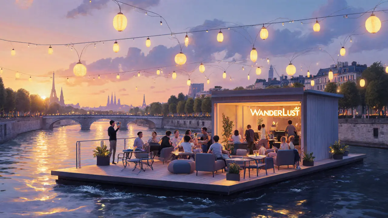 Sunset riverfront scene at Wanderlust club on the Seine with guests relaxing.