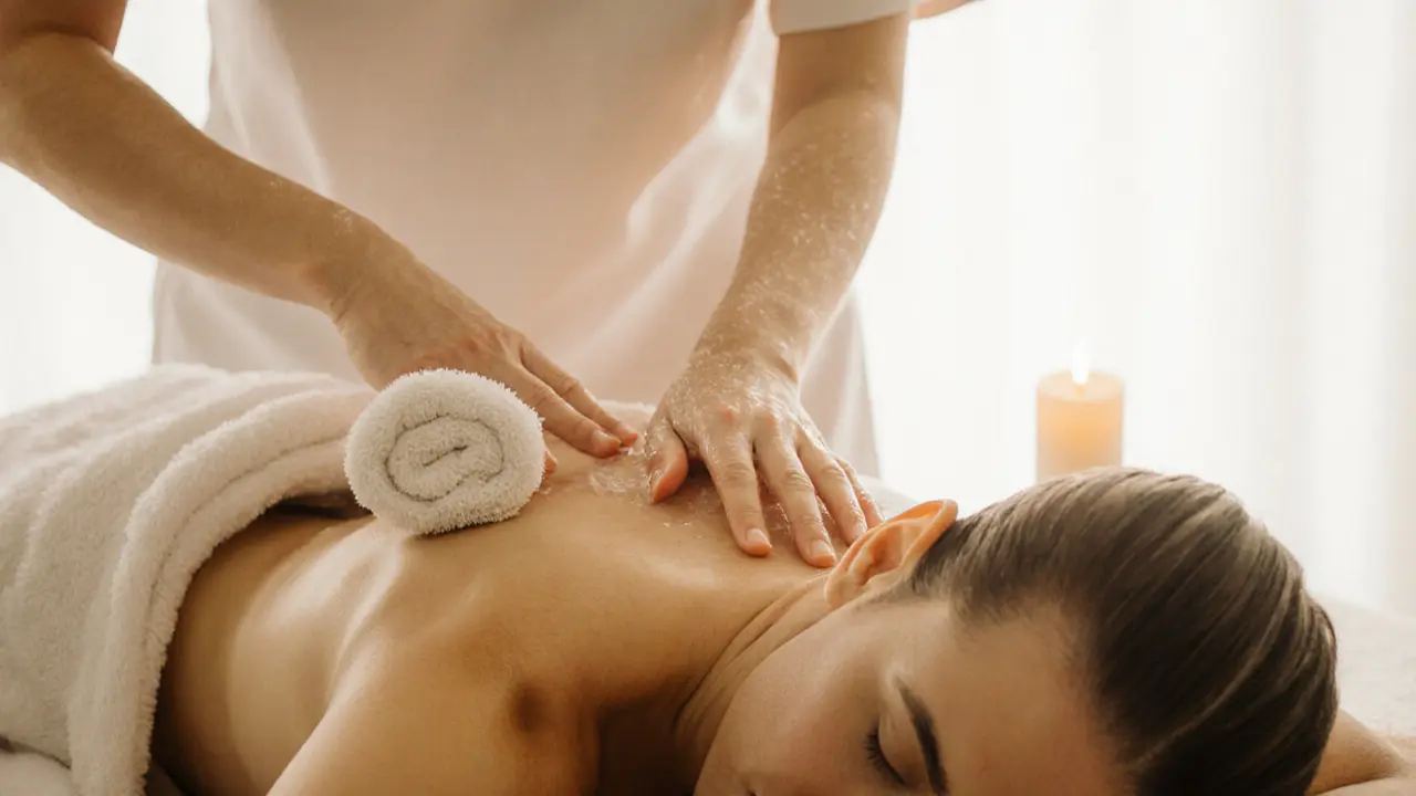 Therapist's hands hovering as warm towel covers client after massage.