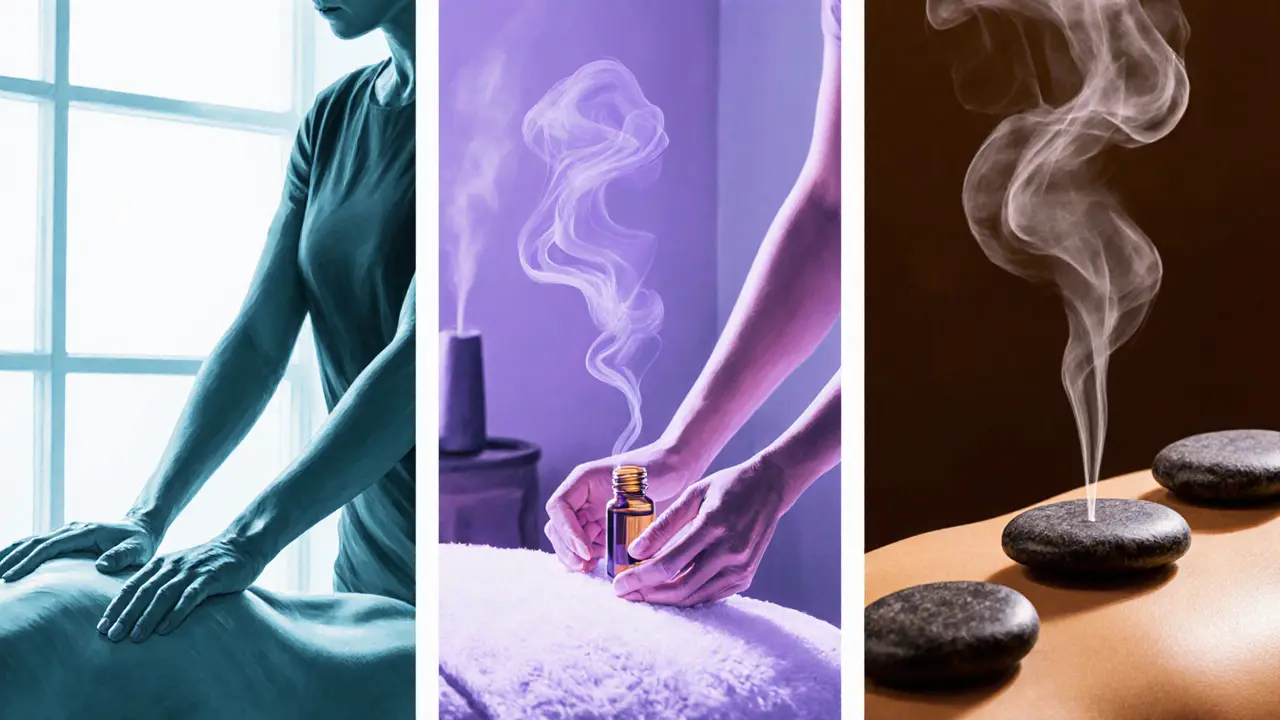 Three panels showing Swedish, aromatherapy, and hot stone massages with distinct lighting.