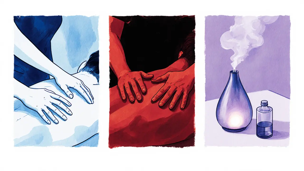 Three panels showing Swedish, deep‑tissue, and aromatherapy massage techniques.