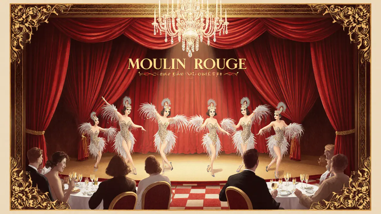 Vintage poster of a Moulin Rouge cabaret performance with elegant costumes and a luxurious audience.