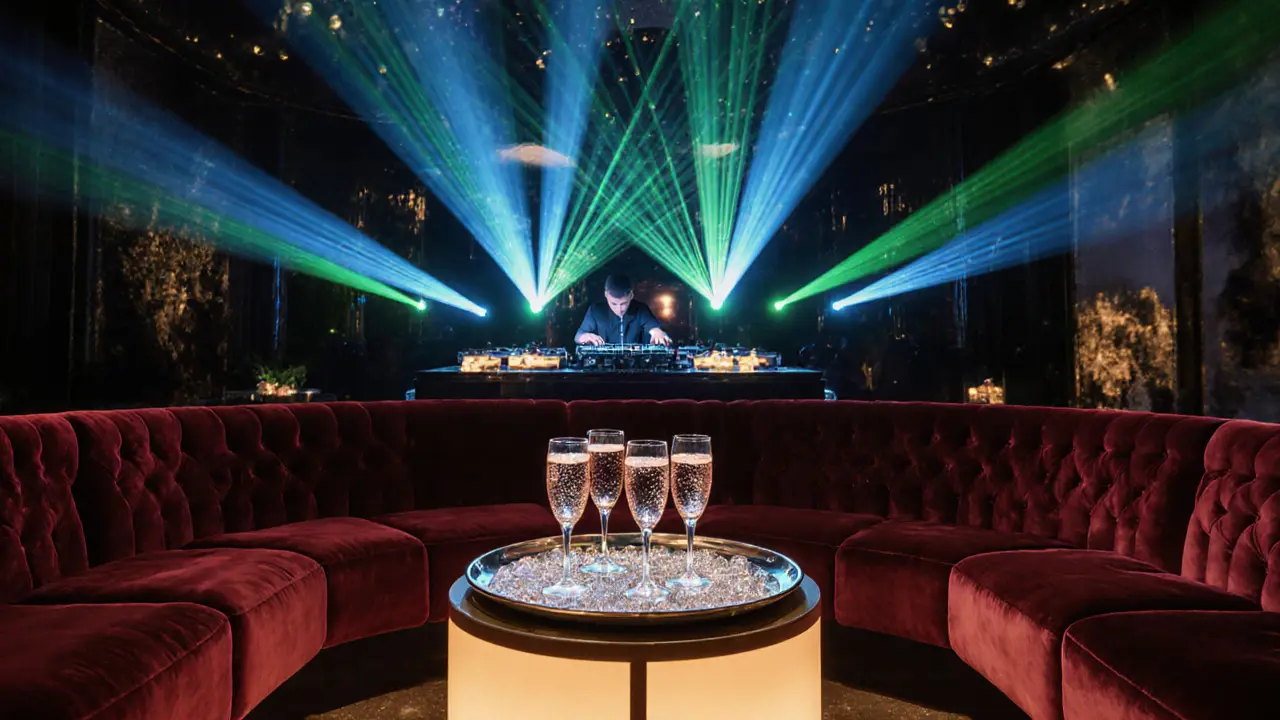 VIP lounge interior with velvet sofas, champagne flutes, and DJ Luca.