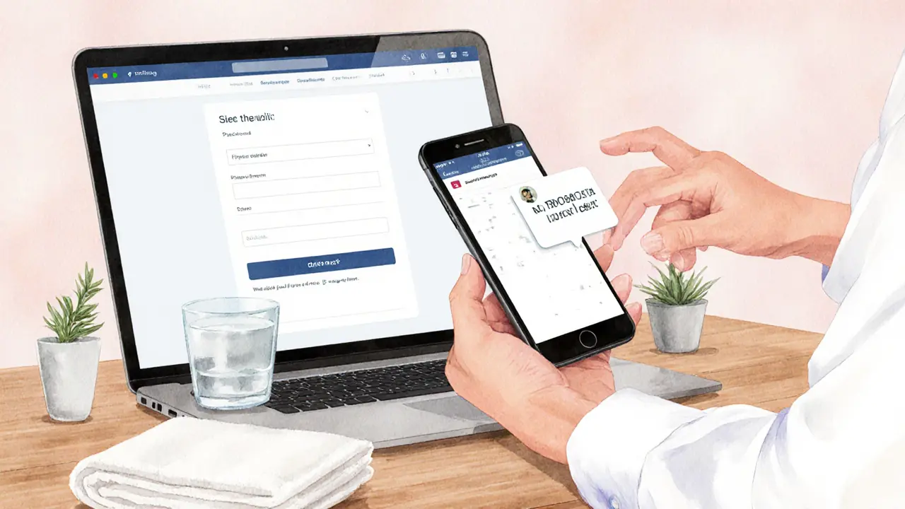Watercolor illustration of a laptop, phone, ID badge, and clean towel on a desk.