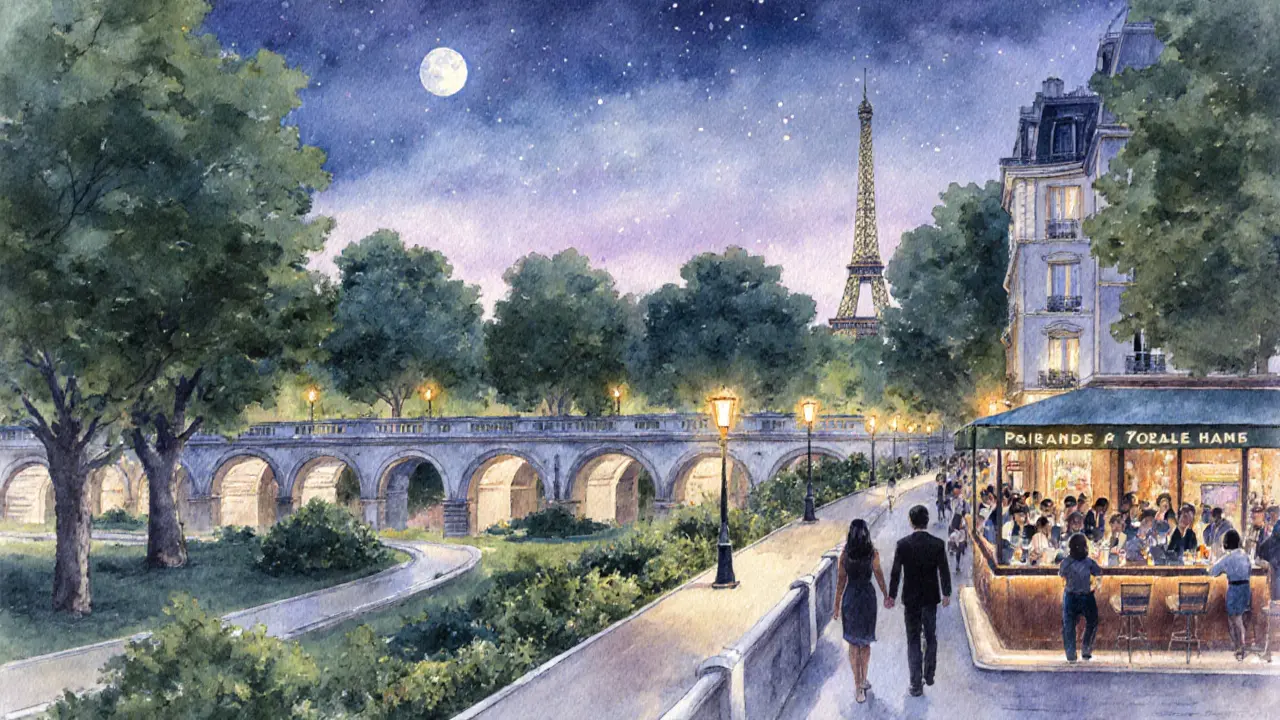 Watercolor night view of Bois de Vincennes, Promenade Plantée, and a rooftop bar with the Eiffel Tower.