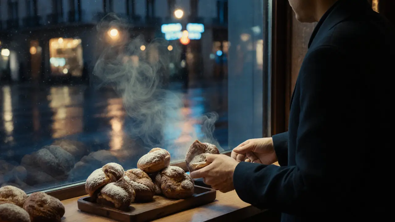 A 24-hour bakery at midnight with a customer receiving a warm pastry from the baker.