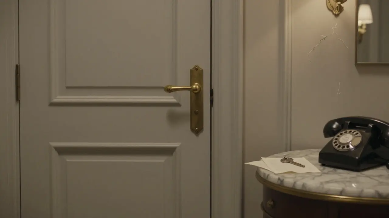 A closed door in a luxurious hallway with a key and note on a marble table, symbolizing discreet, private encounters.