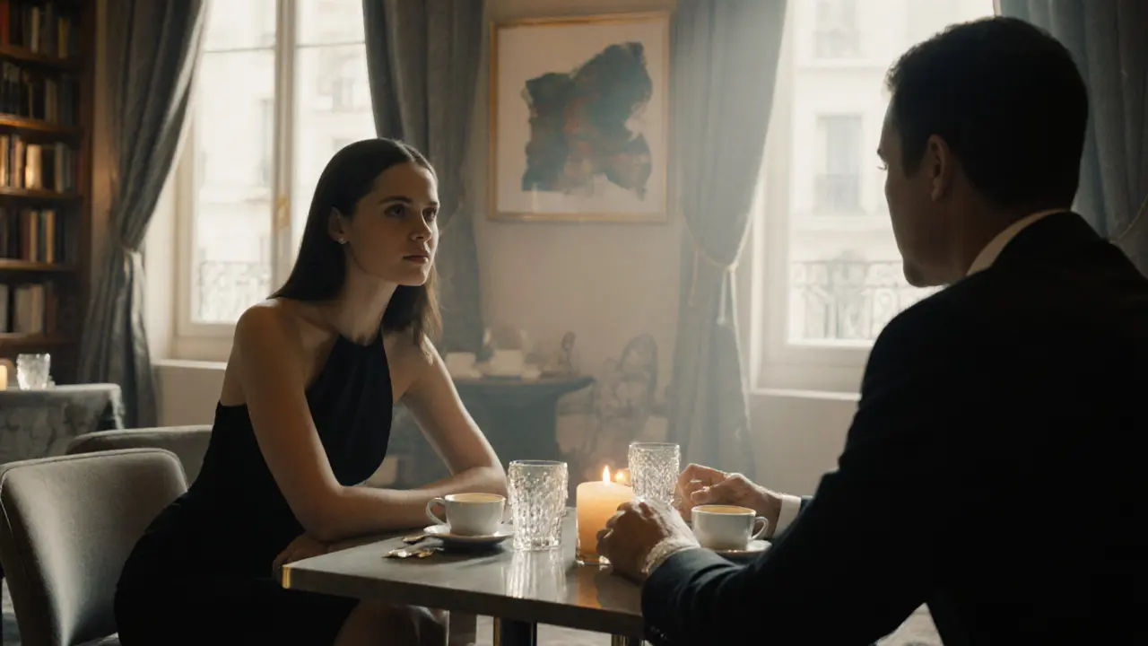A couple in a luxury hotel lounge sharing quiet conversation over espresso.