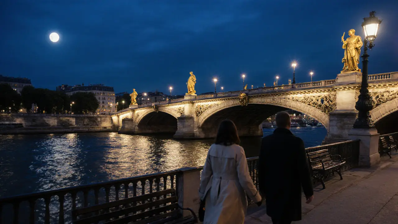 A couple walks along the Seine at night under the illuminated Pont Alexandre III, reflections on the water.