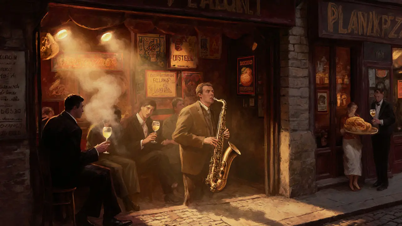 A dimly lit jazz club basement with a saxophonist playing and patrons enjoying wine in Paris.